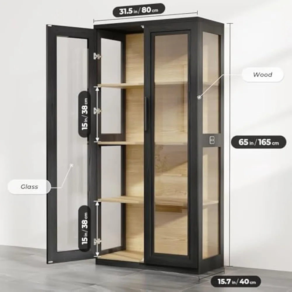 Curio Cabinet with Glass Doors, Bookcase with 4 Shelves, Display Cabinets for Collectibles, China Cabinet with 3 Color LED Light