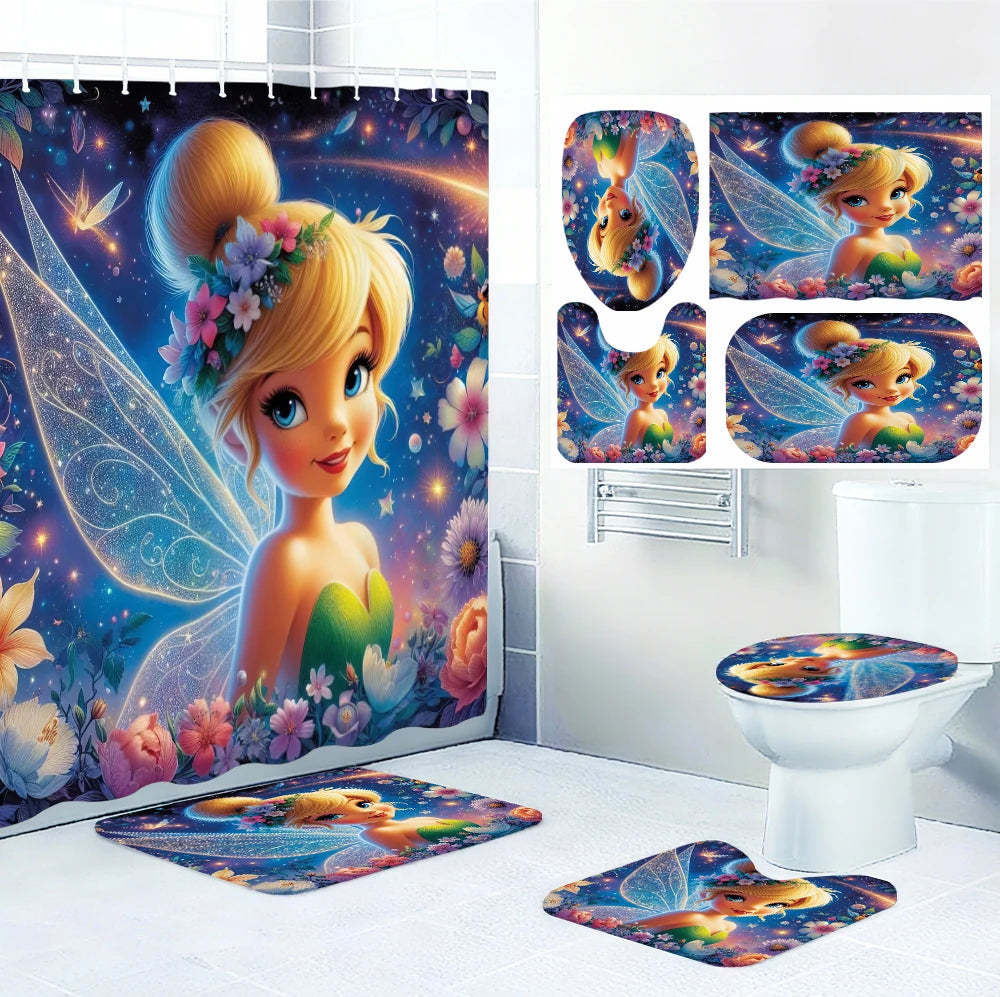 Disney Fairy Bathroom Four-piece Set - Avant-garde Waterproof Shower Curtain, creating a complete bathroom kit