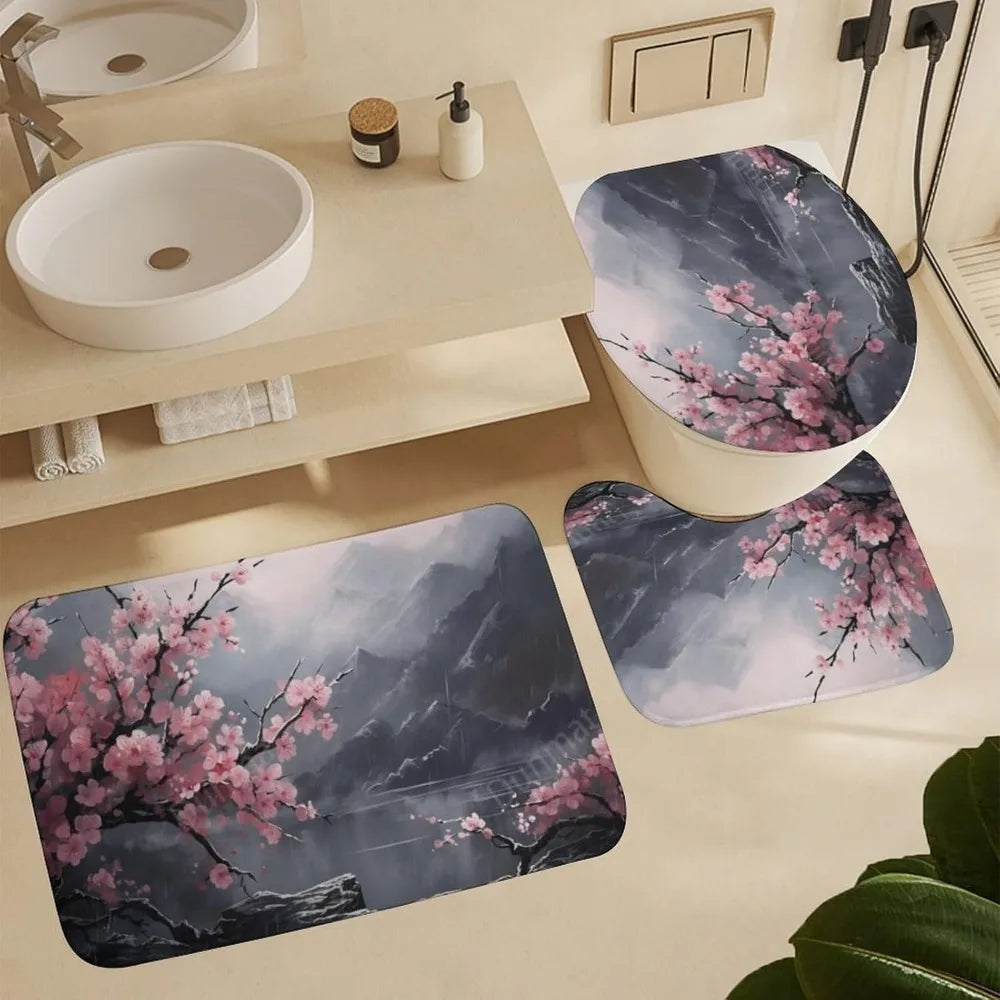antique cherry blossom shower curtain and rug set, waterproof bathroom decor with nature theme