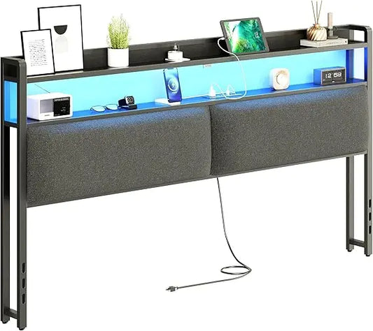 Headboard for King Size Bed Frame, Headboards with Outlets, USB Ports and 60,000 DIY Color LED Light, Upholstered Head Board wit