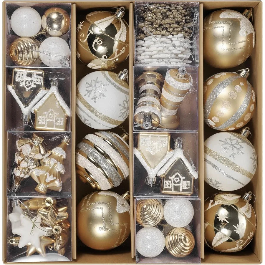 60Piece Shatterproof White Gold Assorted Christmas Ball Ornaments Set for Holiday Party Wedding and Christmas Tree Decoration E