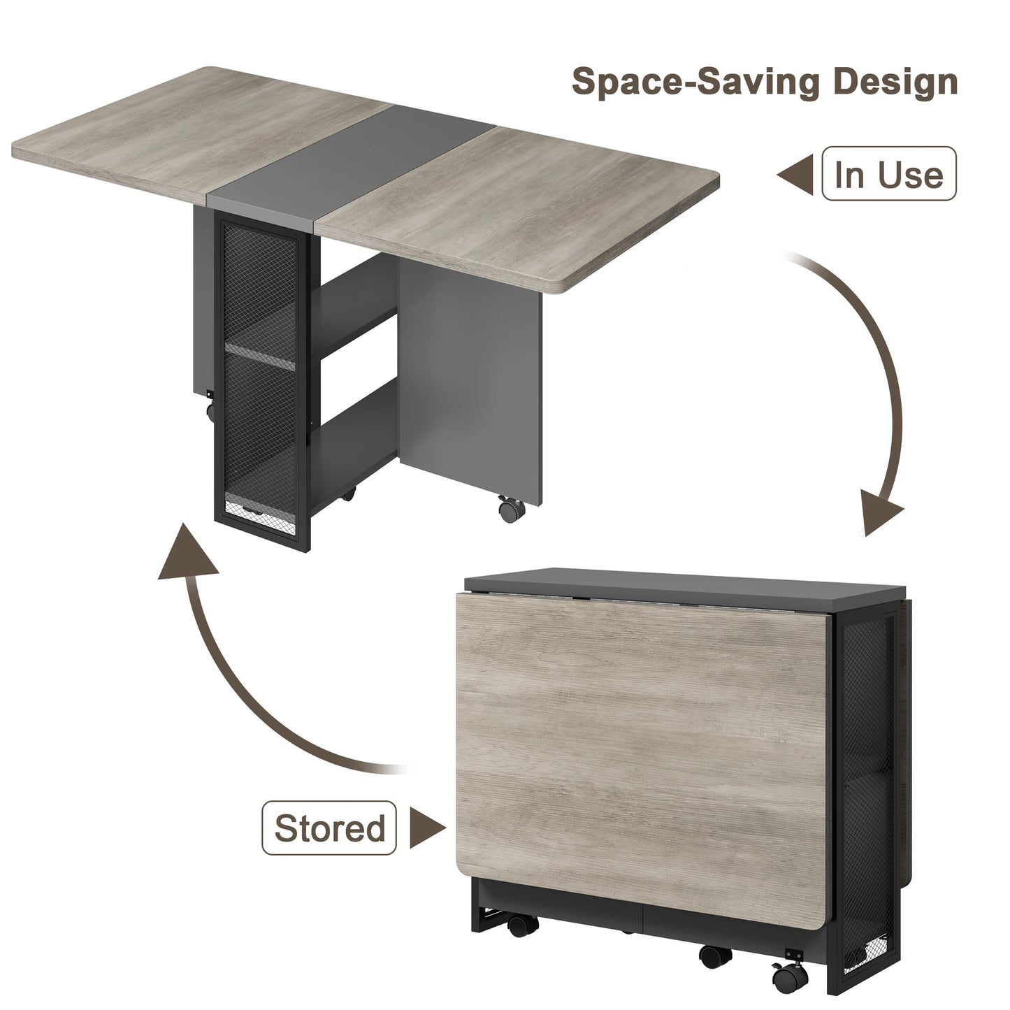 Folding Dining Table, Drop Leaf Dining Table for 4, Foldable Kitchen Table with 6 Wheels and 2 Storage Shelf, Space Saving