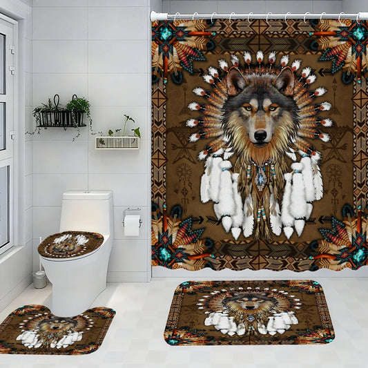 Wolf King Bathroom Four-piece Set - Avant-garde Waterproof Shower Curtain, creating a complete bathroom kit