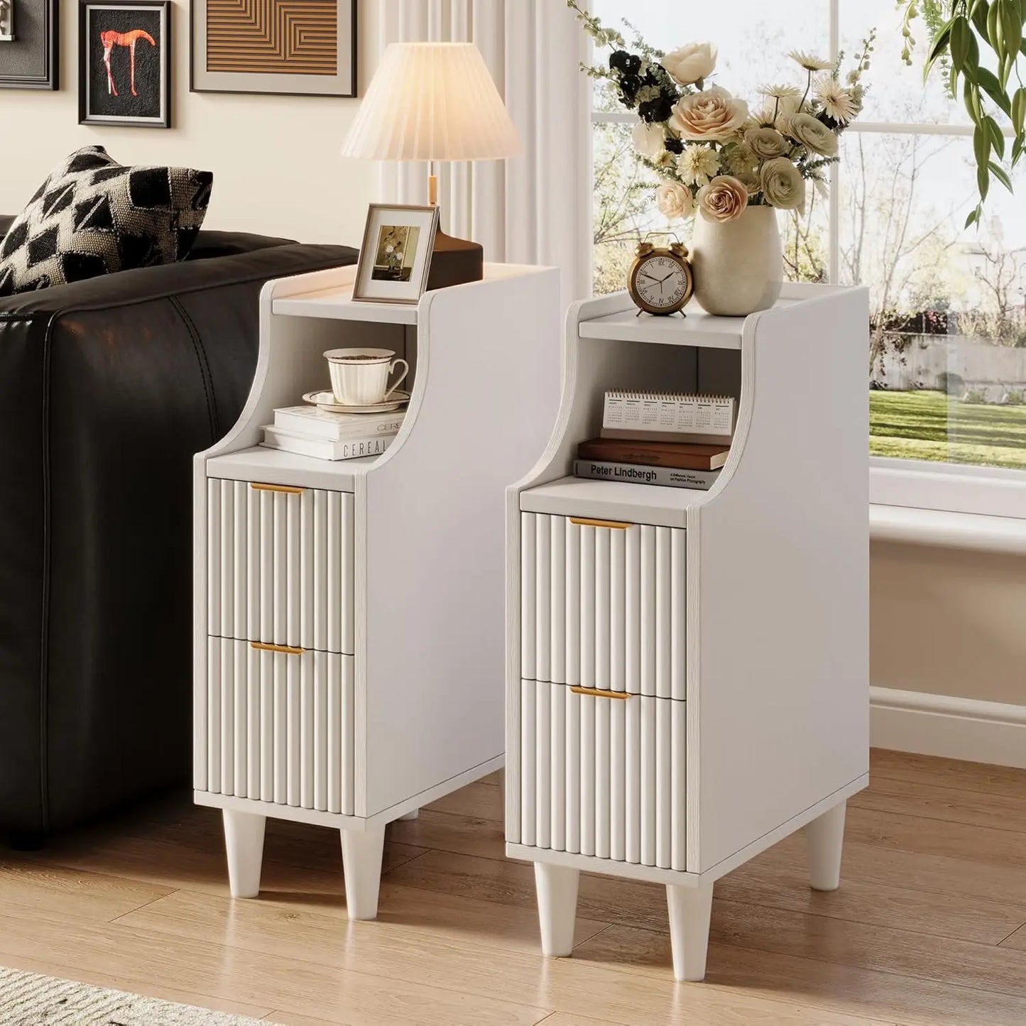 Fluted Nightstands Set of 2,Narrow Bedside Table with 2 Drawers & Storage, Farmhouse Walnut End Table Modern Side Table
