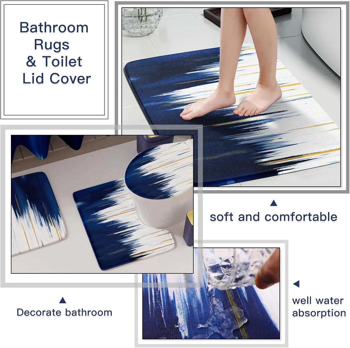 32-Piece Navy Blue Bathroom Set with Non-Slip Rugs, Waterproof Shower Curtain, and Accessories