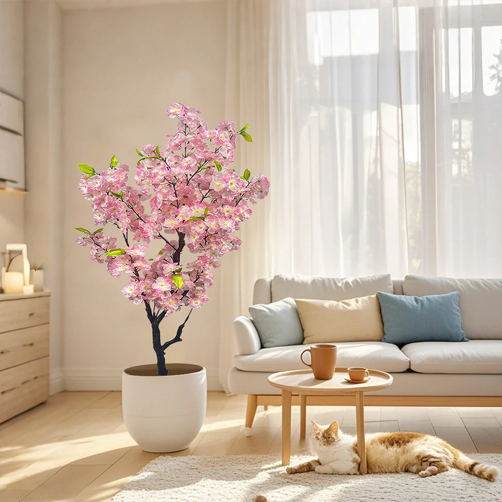 Artificial Cherry Blossom Tree, Tall Potted Faux Cherry Blossom Tree Plants In Pot With Lifelike Trunk For Indoor Home Decor