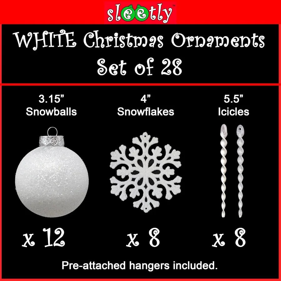 28pc White Christmas Ball Ornaments for Farmhouse Tree Holiday Xmas Decorations Large Shatterproof Plastic 3.15 Inch Glitter Sn