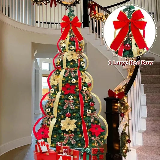6 ft Pre-Decorated Christmas Tree with 150 Warm Lights, Gold and Red Color, Lighted Christmas Tree, Pop Up Christmas Tree
