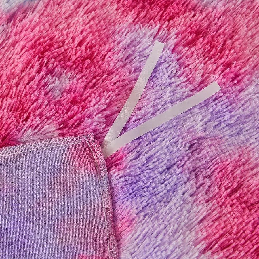 King Size Luxury Fuzzy Duvet Cover Set with Shaggy and Plush Soft Bedding in Rainbow Pink Purple for King Bed