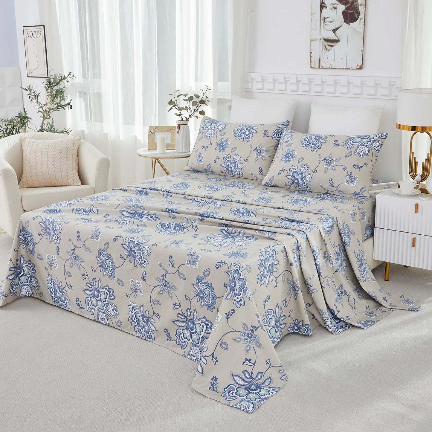 4pcs 600TC 100% Egyptian Cotton Sheet Set, Blue Boho Damask Paisley Floral, Soft Skin-Friendly (No Inserts)