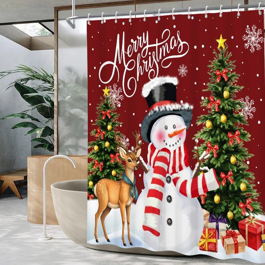 Merry Christmas Shower Curtain Snowman Christmas Tree Shower Curtain Sets for Bathroom Red Winter Holiday Xmas Snowflake Shower