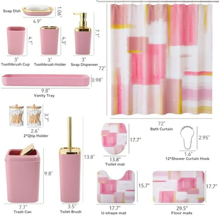 Pink and Gold Bathroom Set with Shower Curtain and Rugs Includes Trash Can Soap Dispenser and Soap Dish for Home Decor