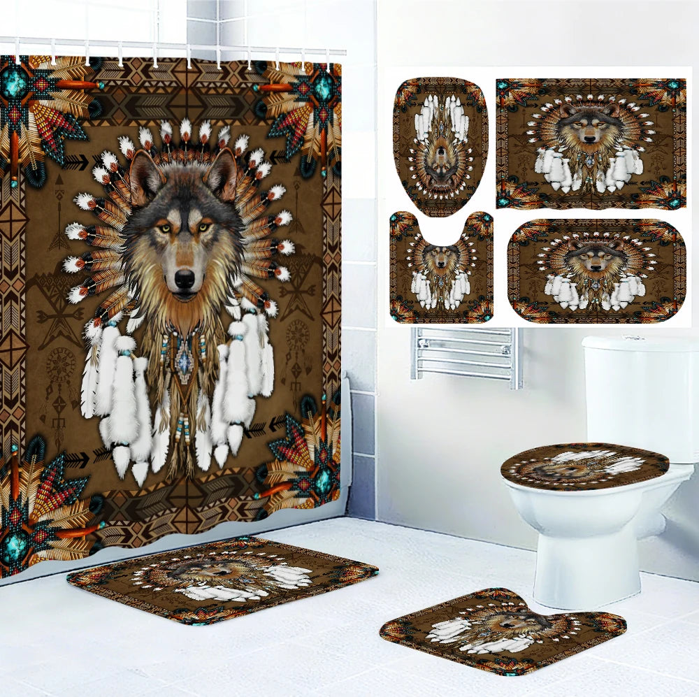 Wolf King Bathroom Four-piece Set - Avant-garde Waterproof Shower Curtain, creating a complete bathroom kit