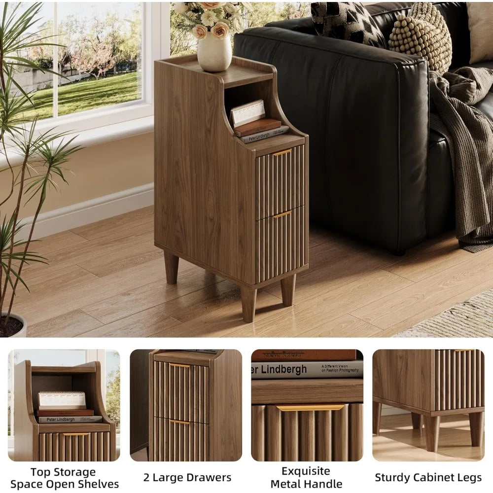 Fluted Nightstands Set of 2,Narrow Bedside Table with 2 Drawers & Storage, Farmhouse Walnut End Table Modern Side Table