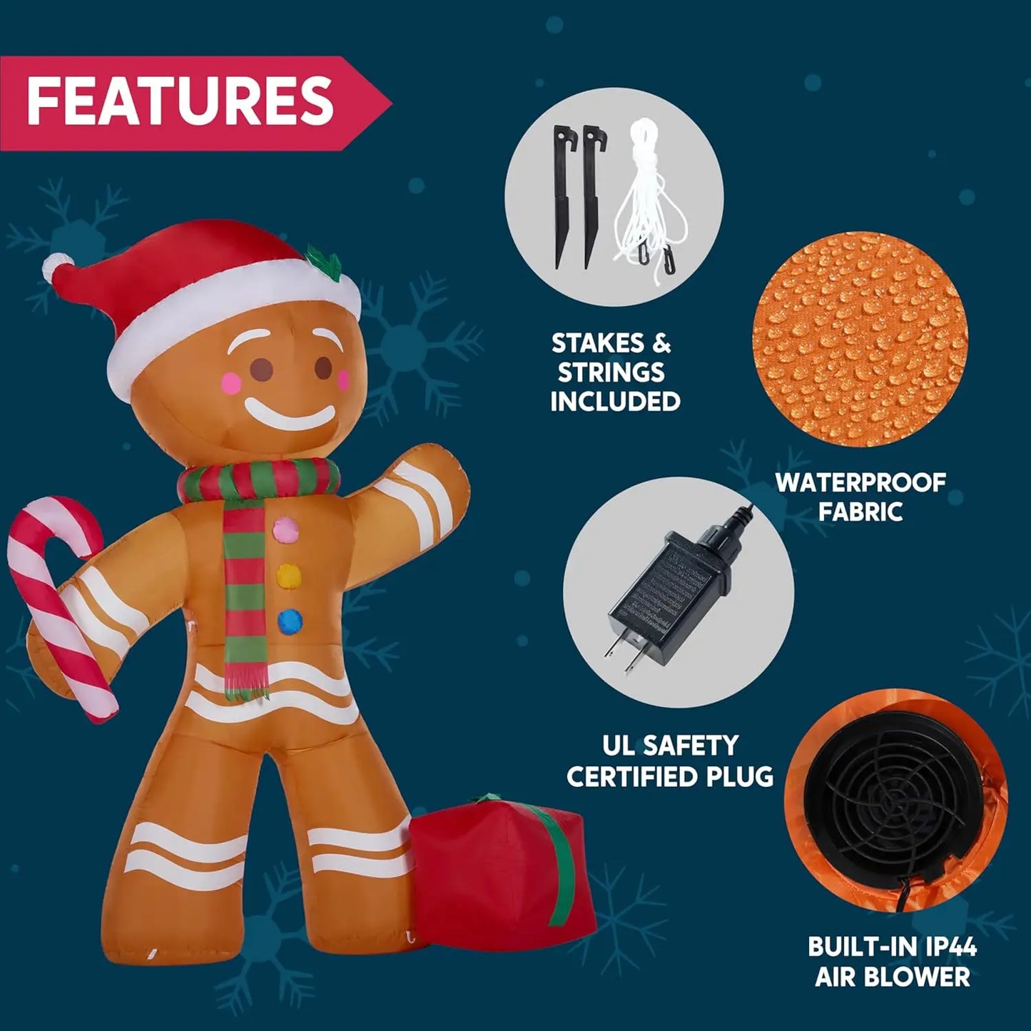 JOYFY 8 FT Christmas Inflatable Gingerbread Man with Candy Cane Blow Up Inflatable Yard Decoration for Xams Party Christmas Gift