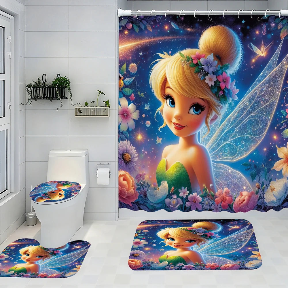 Disney Fairy Bathroom Four-piece Set - Avant-garde Waterproof Shower Curtain, creating a complete bathroom kit