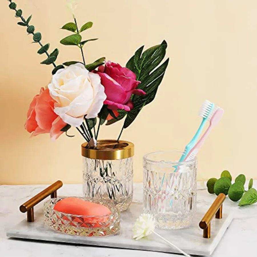 5Pcs Glass Bathroom Accessories Complete Set Lotion Dispenser Soap Dish Toothbrush Holder Tumbler Cotton Swab Jars Modern Bathr