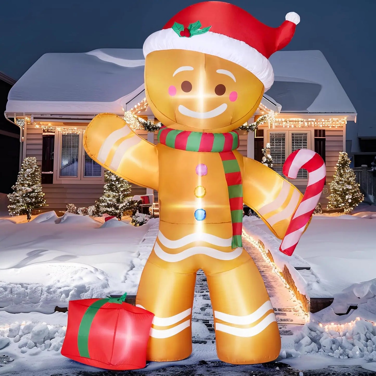 JOYFY 8 FT Christmas Inflatable Gingerbread Man with Candy Cane Blow Up Inflatable Yard Decoration for Xams Party Christmas Gift