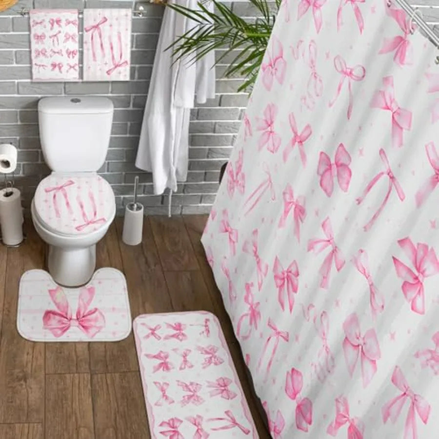 8 Pcs Pink Bow Shower Curtain Set for Bathroom Decor Cute Coquette Aesthetic Girly Bathroom Accessories with Towels Carpet Bath