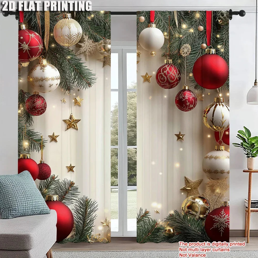 2Pcs Festive Golden And Red Ball Pine Leaves Design Christmas Window Curtains Polyester Rod Pocket Design For Living Room