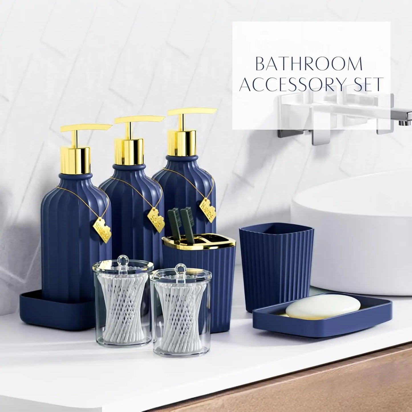 32-Piece Navy Blue Bathroom Set with Non-Slip Rugs, Waterproof Shower Curtain, and Accessories