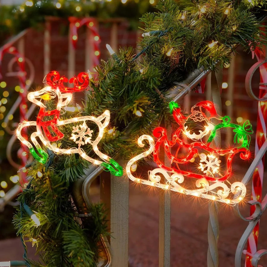 Lighted Santa in Sleigh with Reindeer Christmas Window Silhouette Lights Decorations for Home Party Patio Lawn Garden Animated