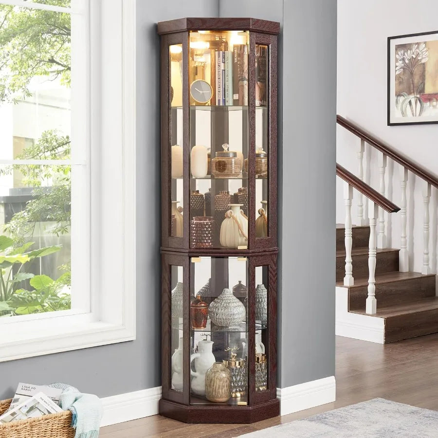 69 H Lighted Curio Cabinet Corner Display CaseCorner Glass Cabinet with Tempered Glass Door and Adjustable Shelves Wooden Curio