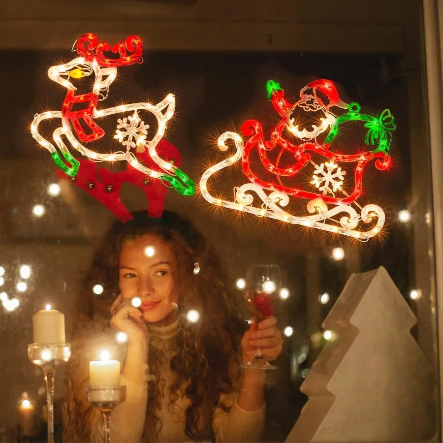 Lighted Santa in Sleigh with Reindeer Christmas Window Silhouette Lights Decorations for Home Party Patio Lawn Garden Animated