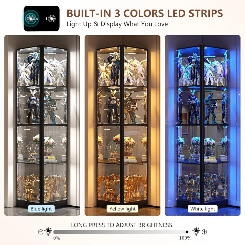 Display Cabinet with Glass Doors, 68" Corner Curio Cabinets with LED Lights, 4-Tier Glass Display Case for Collectibles/Toys/Boo