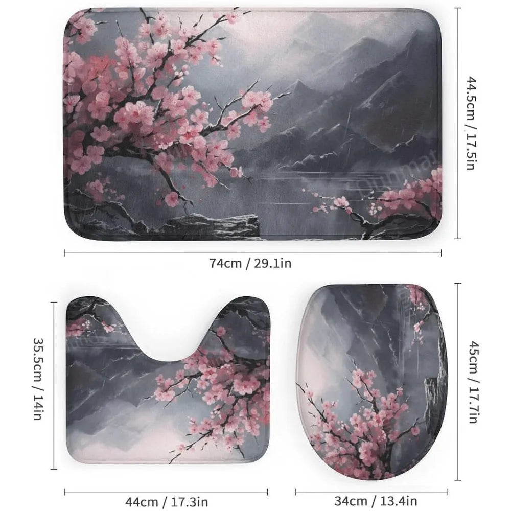 antique cherry blossom shower curtain and rug set, waterproof bathroom decor with nature theme
