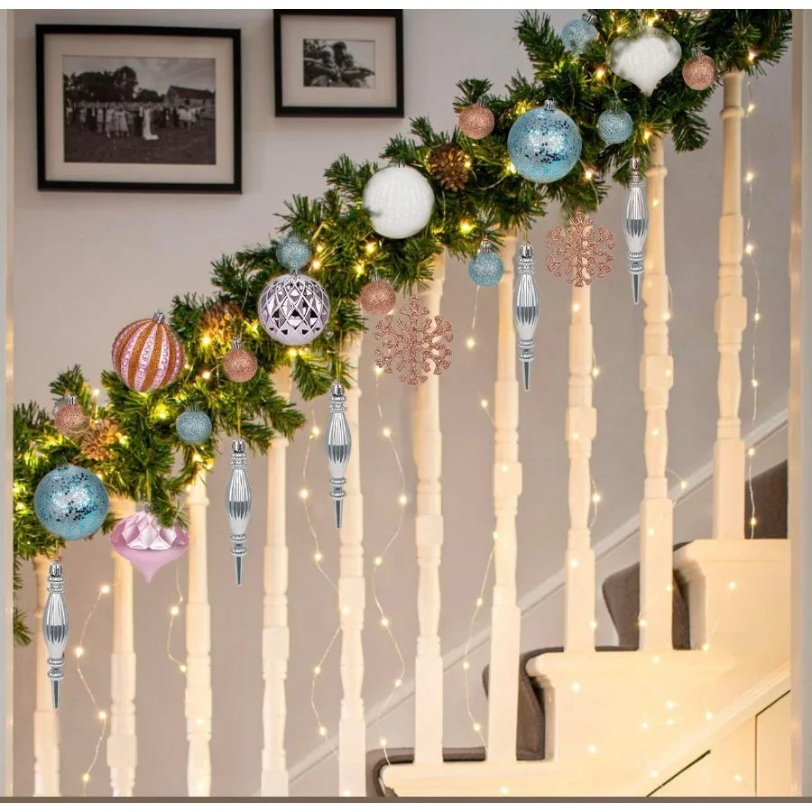 50pcs Glitter Pink Blue and White Shatterproof Christmas Ball Ornaments Set with Snowflakes Design for Holiday Tree Wreath Garl