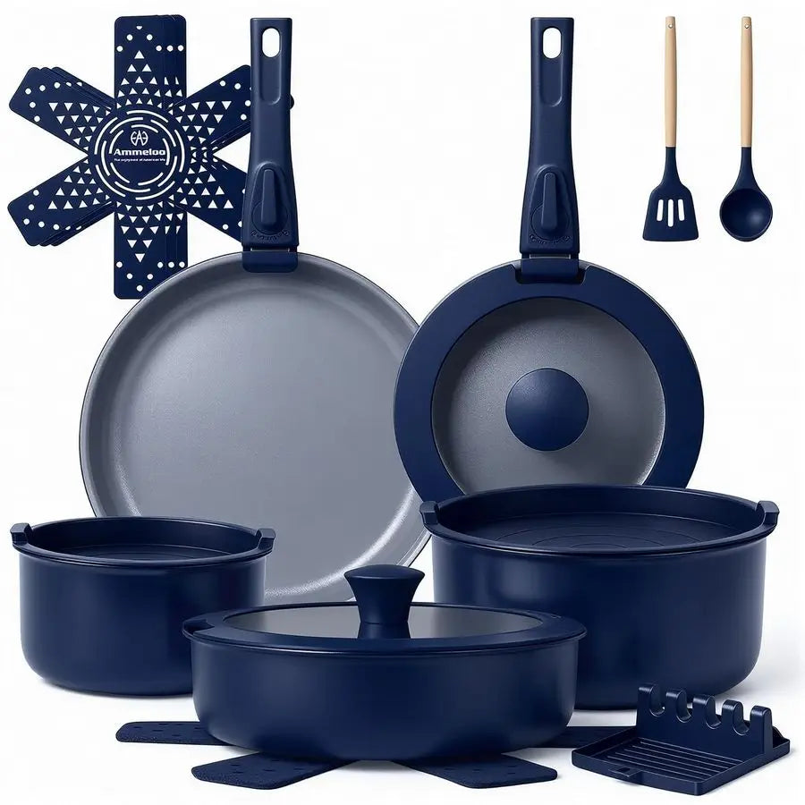 18Piece Ceramic Pots and Pans Set Non Stick, Non Toxic Cookware Set with Removable Handles, Pot Sets for Cooking, Induction Read