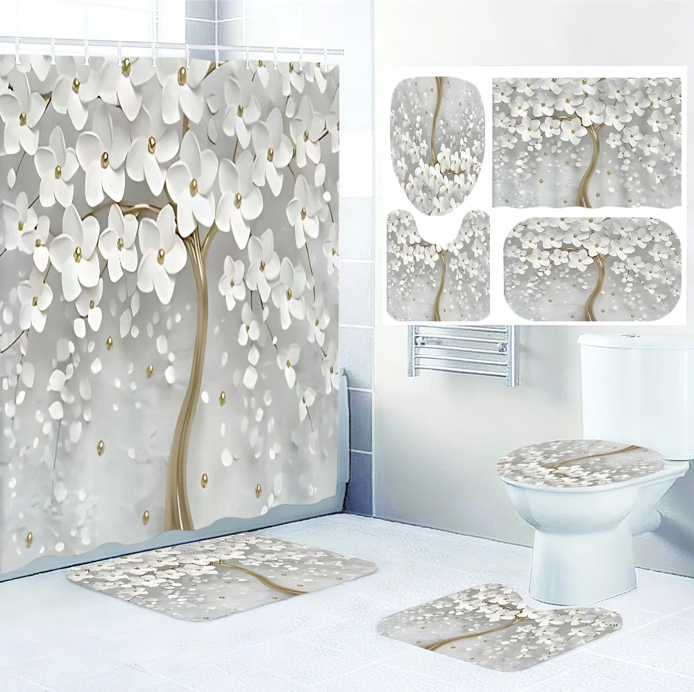 Golden Flower Tree Bathroom Four-piece Set - Avant-garde Waterproof Shower Curtain, creating a complete bathroom kit