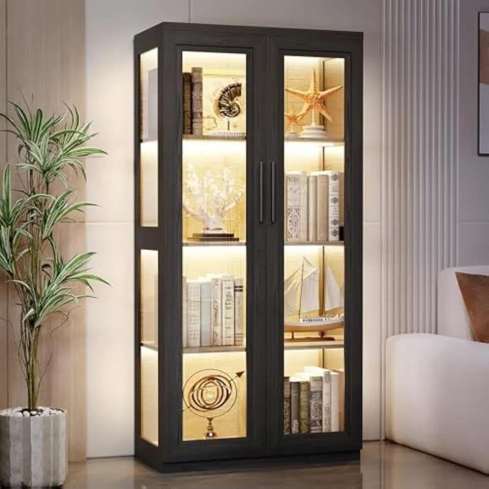 Curio Cabinet with Glass Doors, Bookcase with 4 Shelves, Display Cabinets for Collectibles, China Cabinet with 3 Color LED Light
