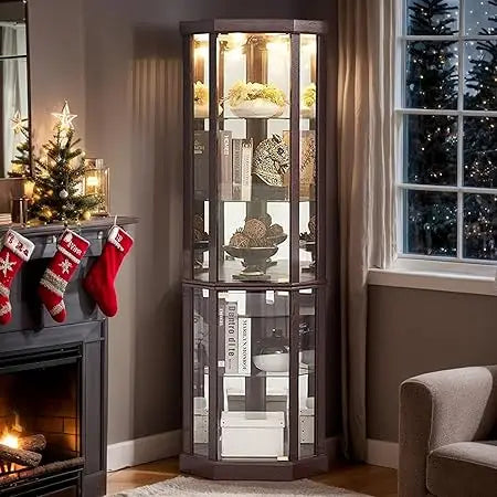 70" H Lighted Corner Curio Cabinet, Glass Display Cabinet with Tempered Glass Door and 5 Shelves, Light Bulb Included, Rack for