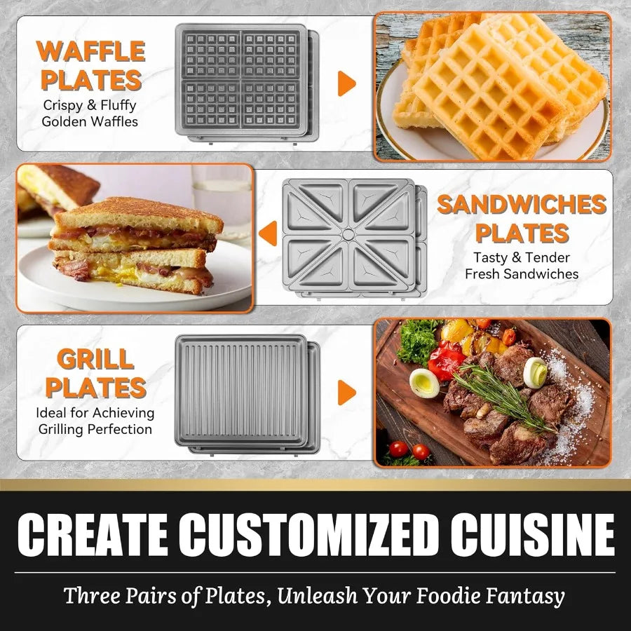 Belgian Waffle Maker with Removable Plates Electrica Large Waffle Iron 3 in 1 Panini Grill Press Breakfast Sandwich Maker Elect