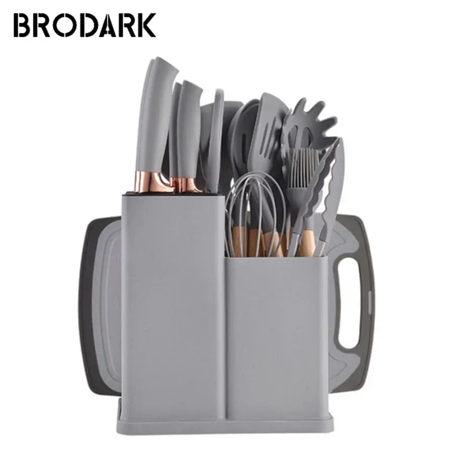 19pcs Food Grade Silicone Brodark Kitchenware Set, Cooking Spoon, Shovel, Cutting Board, Fruit Knife, Chef Knife, Combination Se