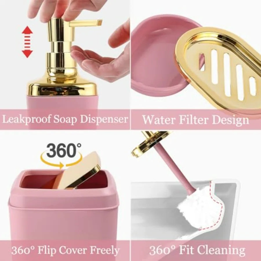 Pink and Gold Bathroom Set with Shower Curtain and Rugs Includes Trash Can Soap Dispenser and Soap Dish for Home Decor