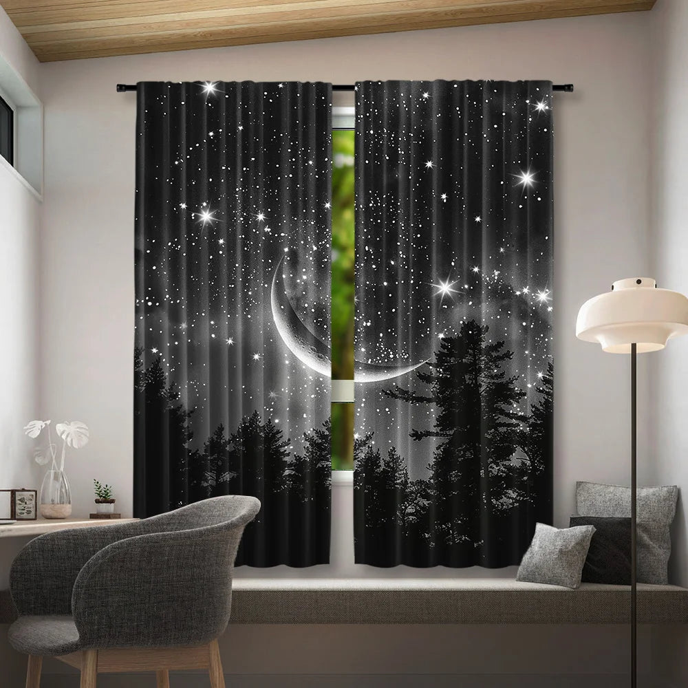2pcs Forest Starry Sky Moon Night Curtains - Black Rod Pocket Window with Crescent Moon & Starry Sky Design, Perfect for Bedroom