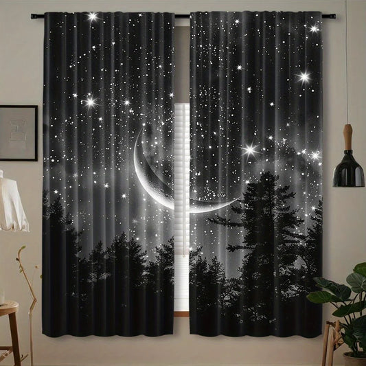 2pcs Forest Starry Sky Moon Night Curtains - Black Rod Pocket Window with Crescent Moon & Starry Sky Design, Perfect for Bedroom