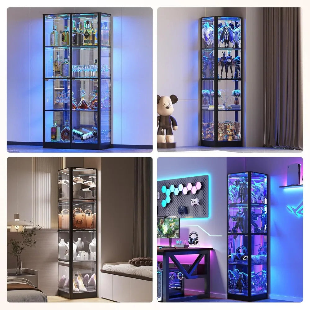 Display Cabinet with Glass Doors, 68" Corner Curio Cabinets with LED Lights, 4-Tier Glass Display Case for Collectibles/Toys/Boo