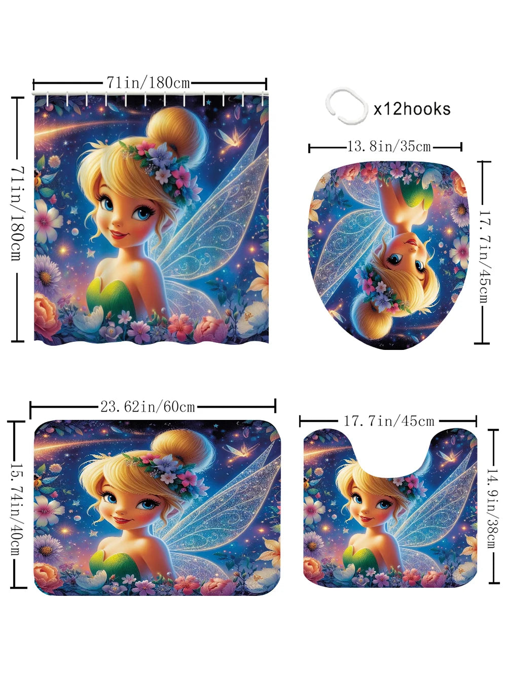 Disney Fairy Bathroom Four-piece Set - Avant-garde Waterproof Shower Curtain, creating a complete bathroom kit