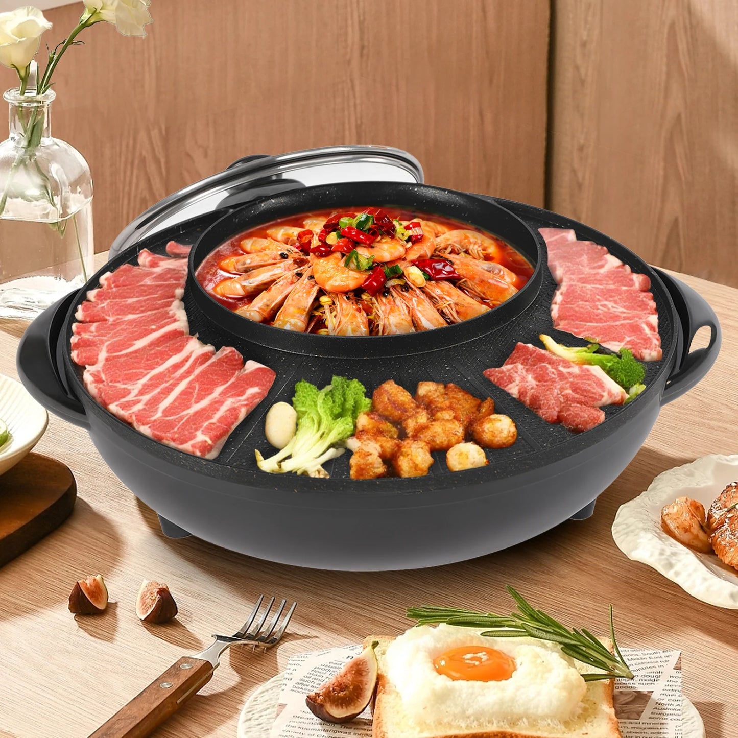 Circular Edition Hotpot Grill Combo Indoor BBQ Electric Hot Pot  Portable Smokeless Grill Temp Control Easy Clean For Home Party