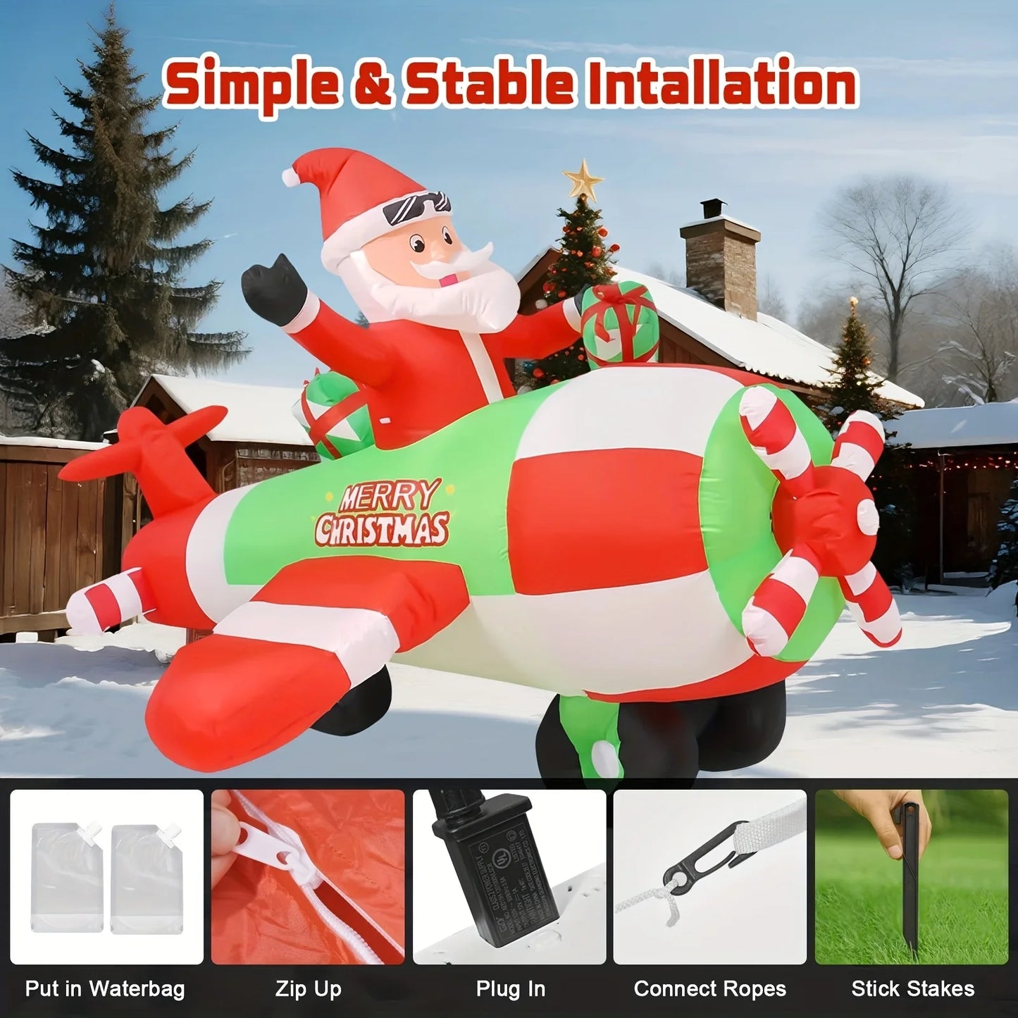 9FT Inflatable Decoration With Built-in LED Lights | Santa Pilot | Outdoor Christmas Lawn Decor, Festive Party Decoration