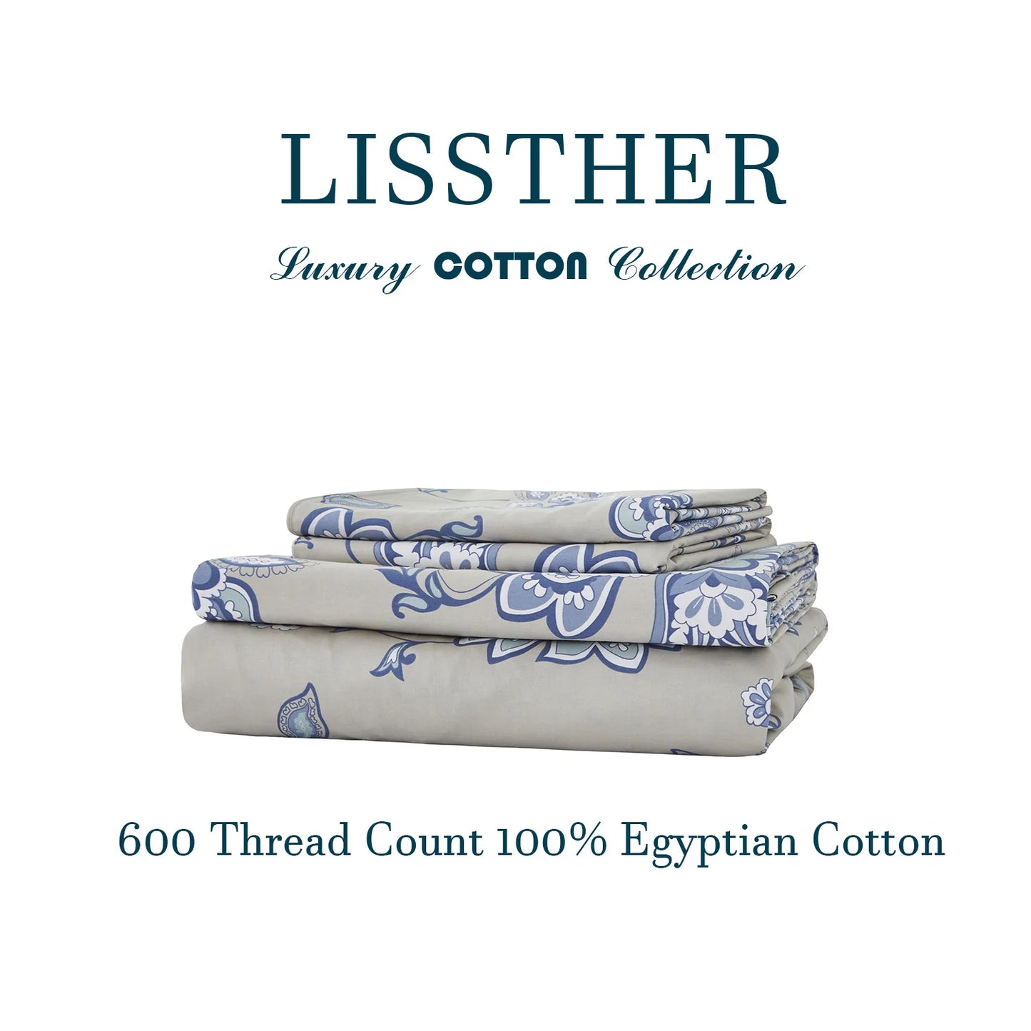 4pcs 600TC 100% Egyptian Cotton Sheet Set, Blue Boho Damask Paisley Floral, Soft Skin-Friendly (No Inserts)