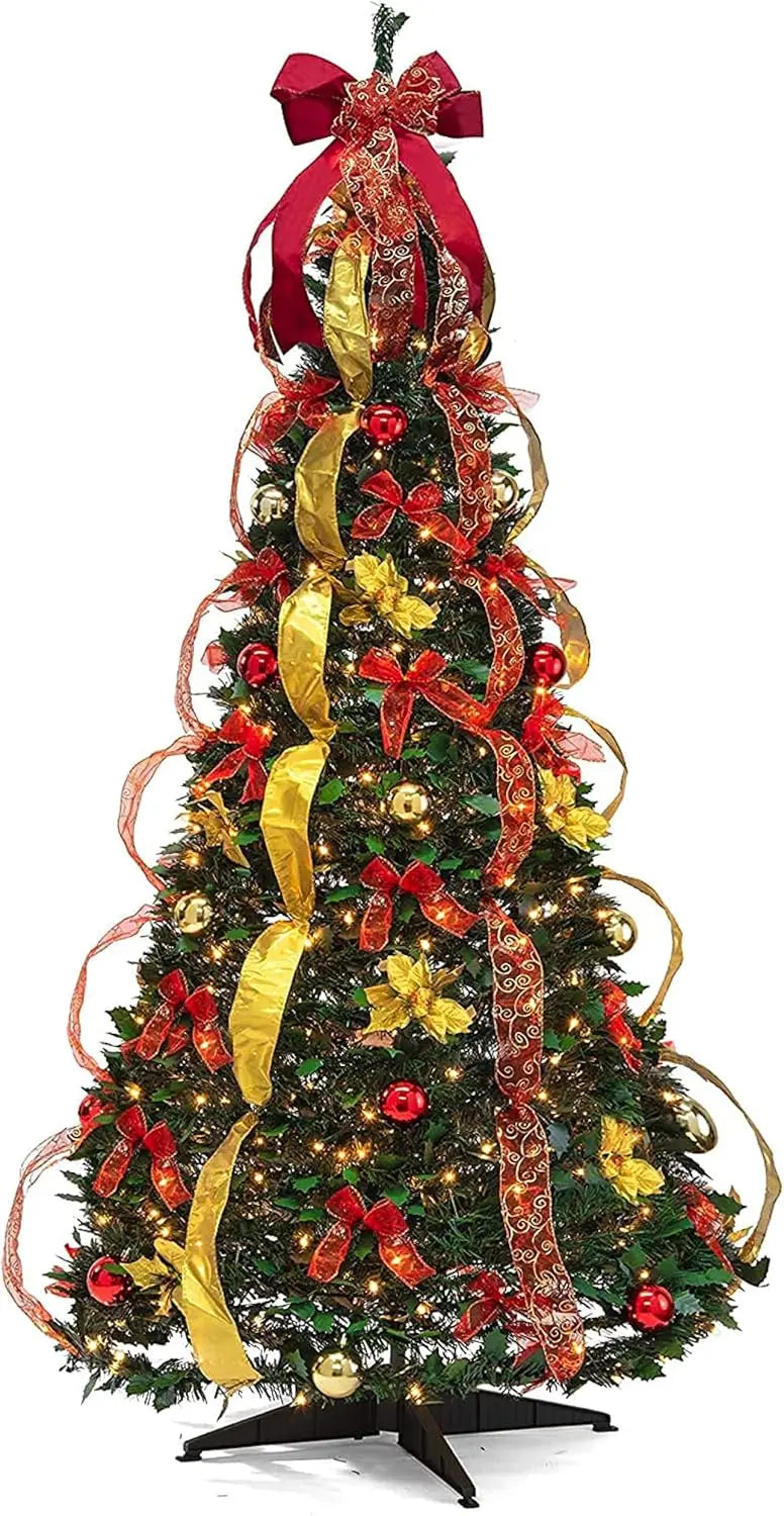 6 ft Pre-Decorated Christmas Tree with 150 Warm Lights, Gold and Red Color, Lighted Christmas Tree, Pop Up Christmas Tree