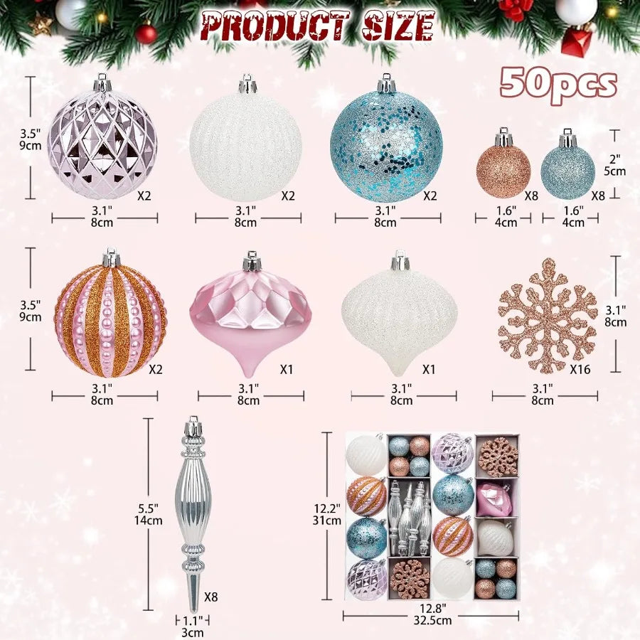 50pcs Glitter Pink Blue and White Shatterproof Christmas Ball Ornaments Set with Snowflakes Design for Holiday Tree Wreath Garl