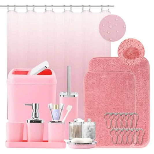 Bathroom Accessory Set with Pink Ombre Waterproof Shower Curtain and Non-Slip Absorbent Rugs Complete Bathroom Set for Home