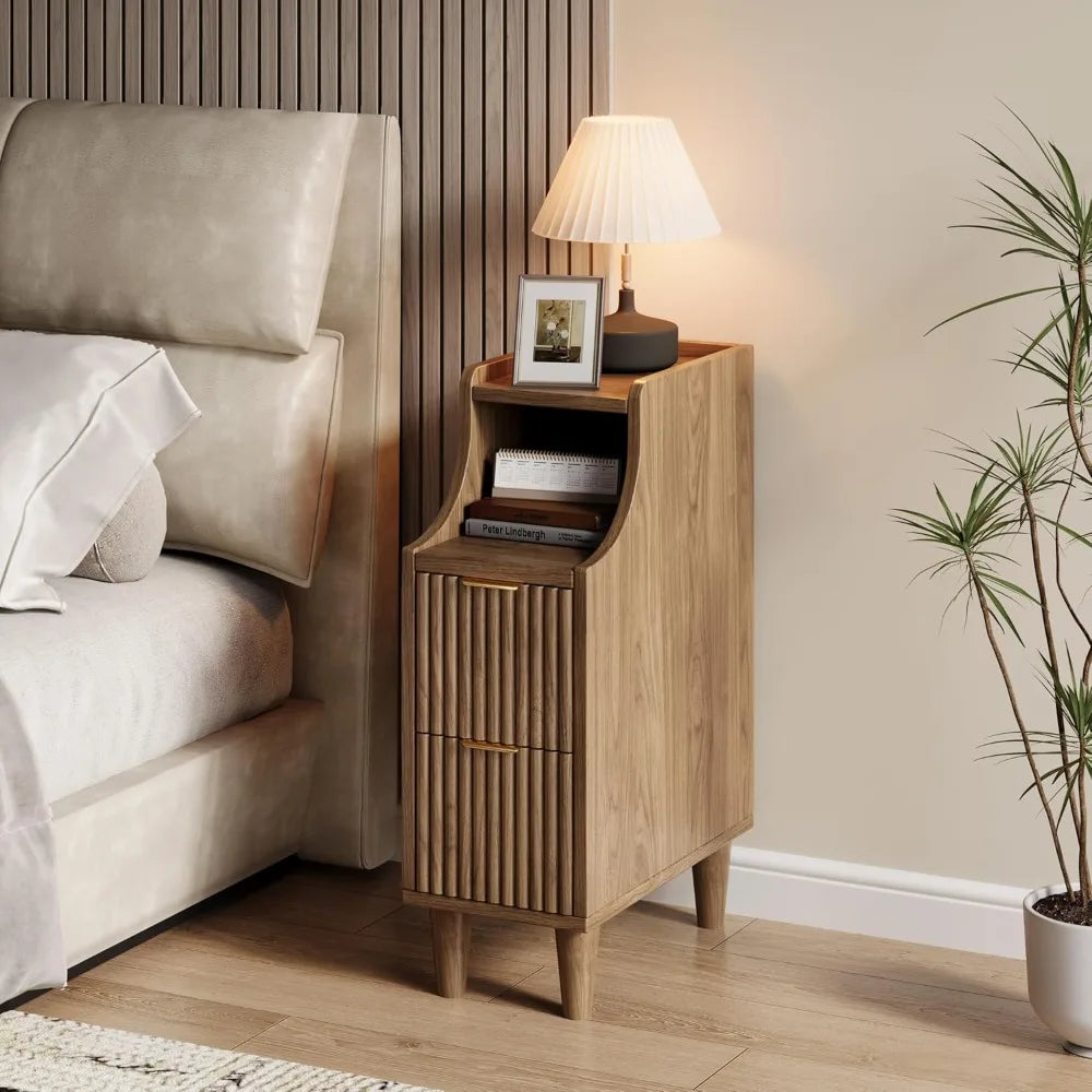 Fluted Nightstands Set of 2,Narrow Bedside Table with 2 Drawers & Storage, Farmhouse Walnut End Table Modern Side Table