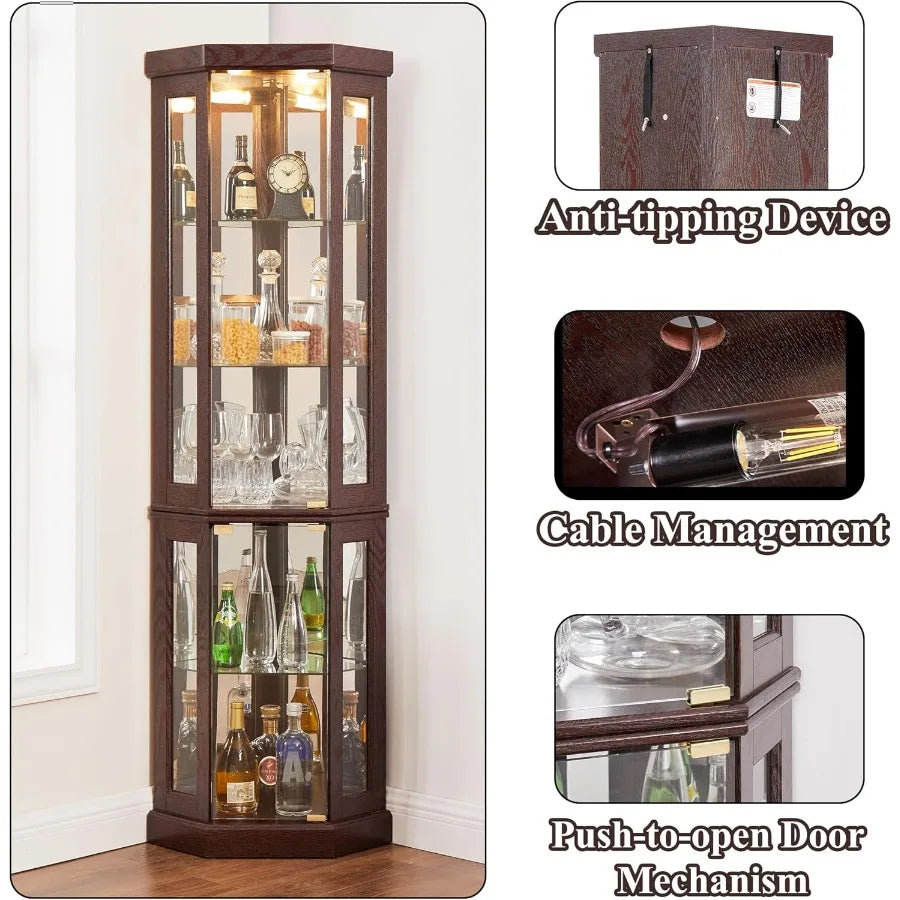 69 H Lighted Curio Cabinet Corner Display CaseCorner Glass Cabinet with Tempered Glass Door and Adjustable Shelves Wooden Curio